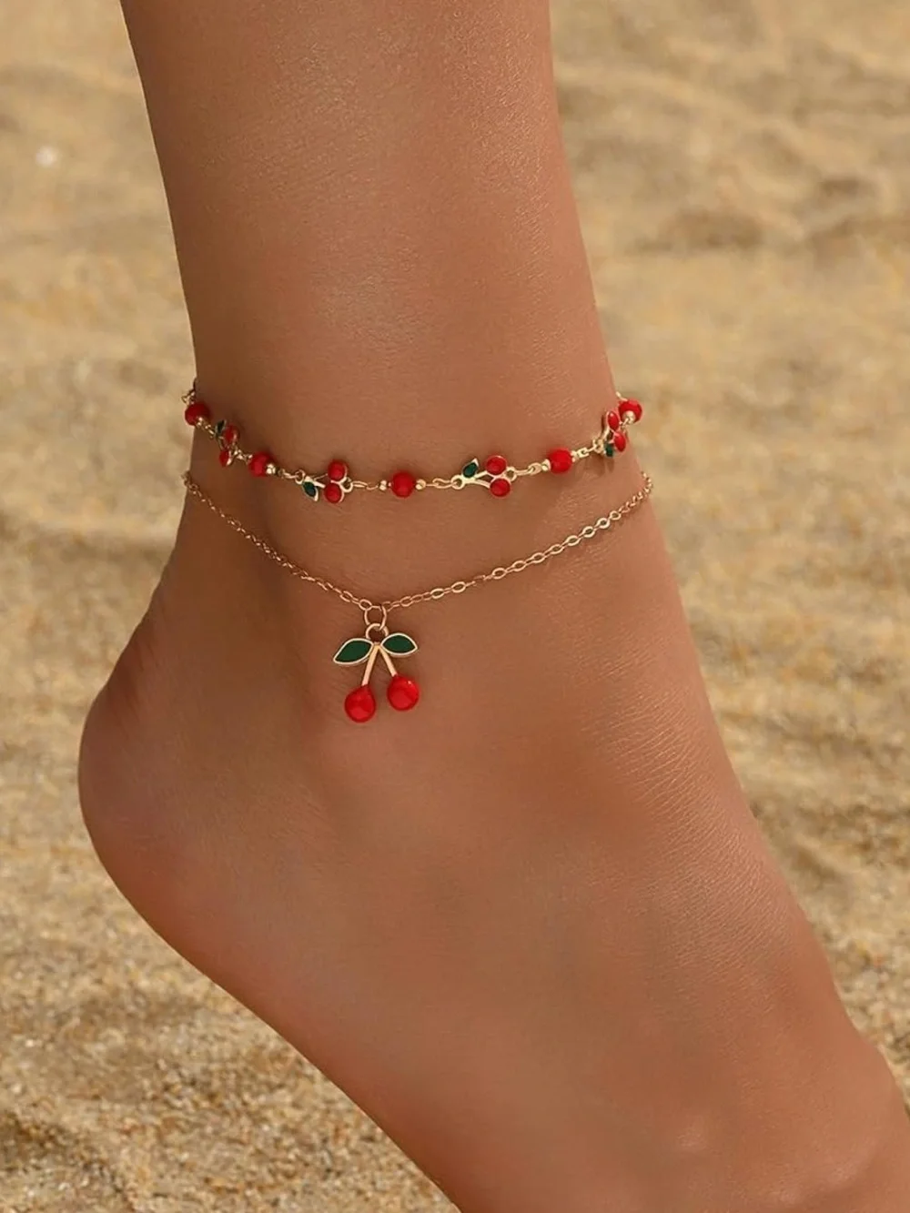 Anthropologie Gold-Tone Cherry Bracelet Set with Red and Green Accents
